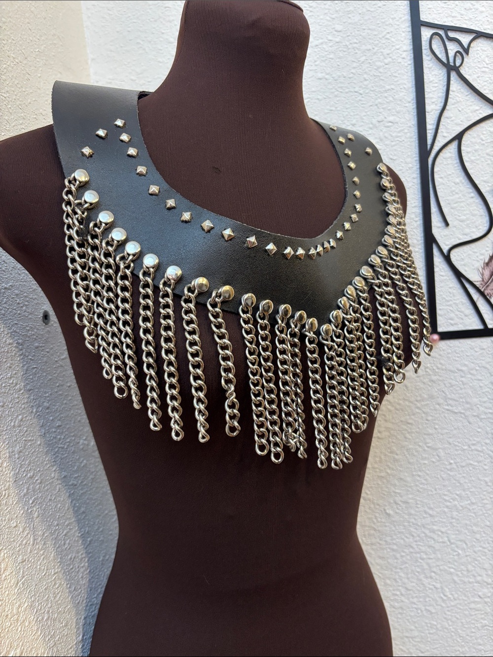 Studded Black Faux Leather Fringe Collar Necklace with Silver Chains - Picture 3 of 10